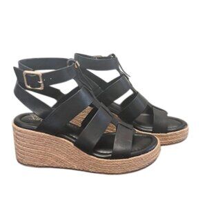 FRANCO SARTO Wedge Sandals Size 9.5 Black Leather Adjustable Buckle Strap